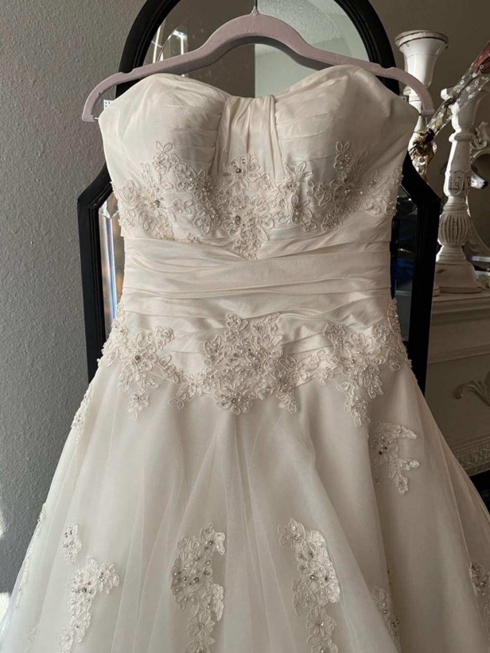 Sincerity Bridal Ivory Strapless A-Line Wedding Dress with Lace Appliqué